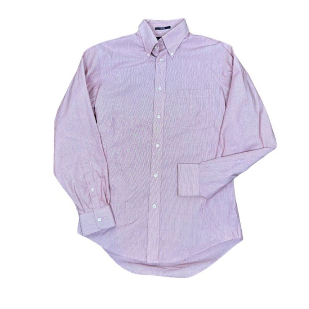 Lands' End No Iron Button Down Shirt Pinstripe Burgundy White‎ Small